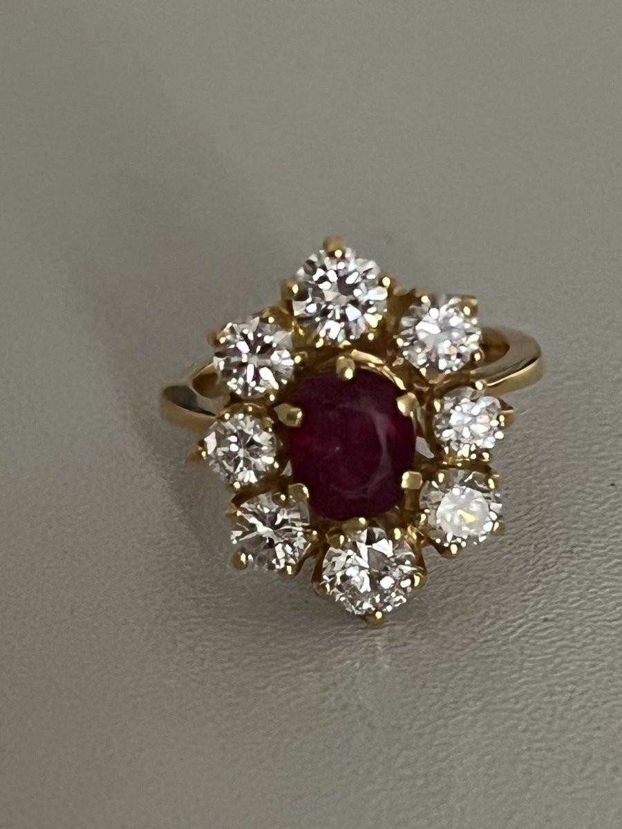 1006- Bague Fleur Or Jaune Rubis Diamants (1,50 ct)-photo-2