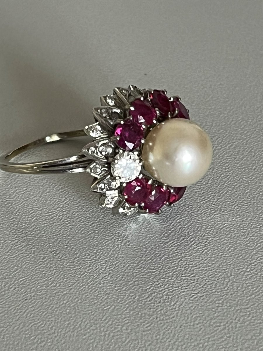 7105 - Vintage Ring In White Gold With Pearl, Ruby, And Diamonds-photo-3