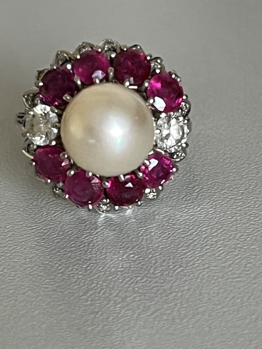 7105 - Vintage Ring In White Gold With Pearl, Ruby, And Diamonds-photo-4