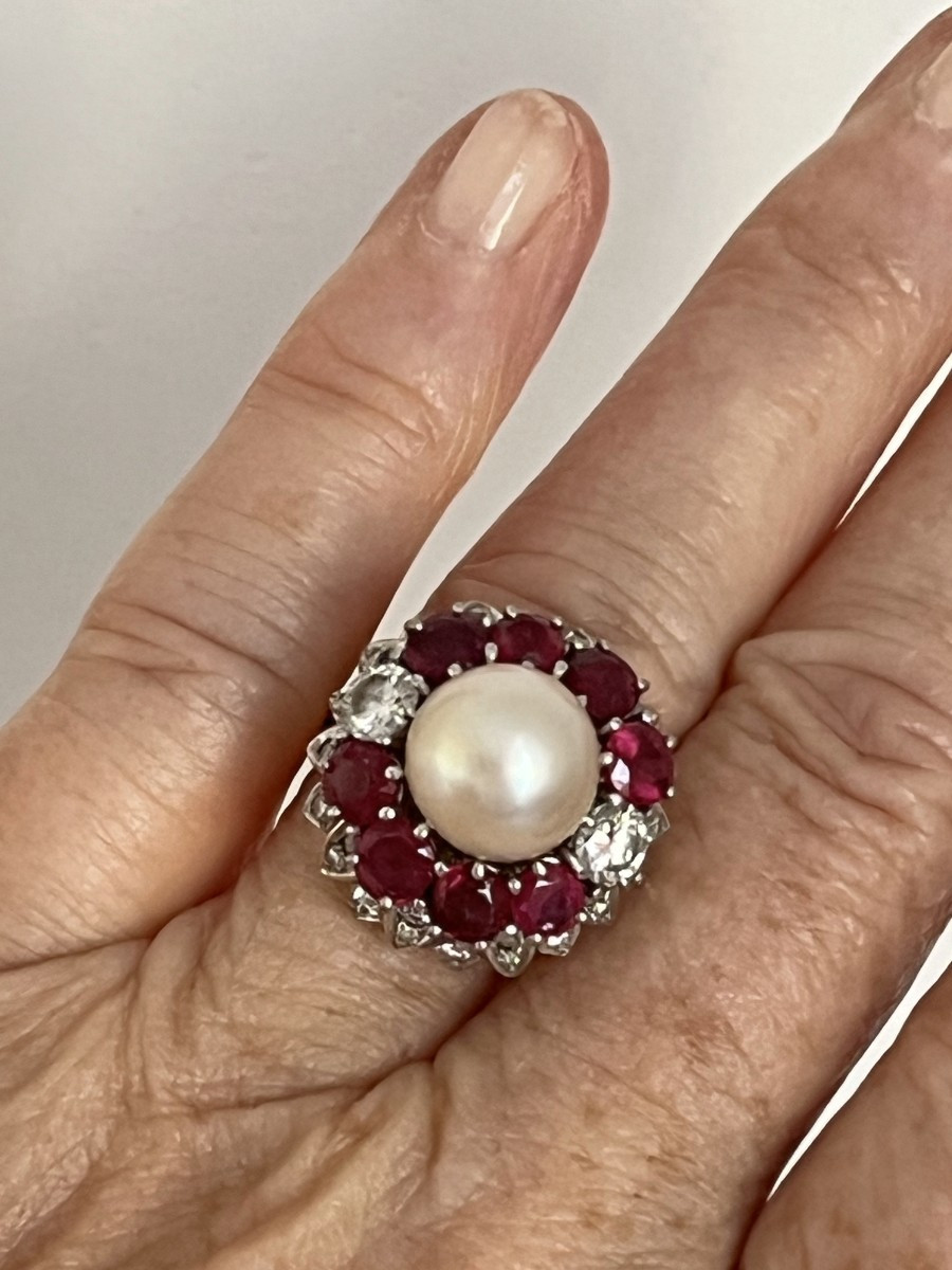 7105 - Vintage Ring In White Gold With Pearl, Ruby, And Diamonds-photo-1