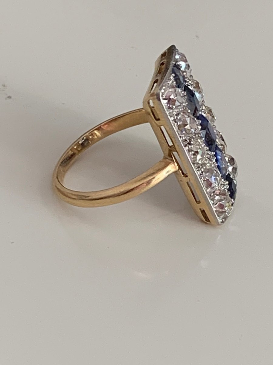 7107- Bague Ancienne Or Jaune Platine Saphirs Diamants-photo-2