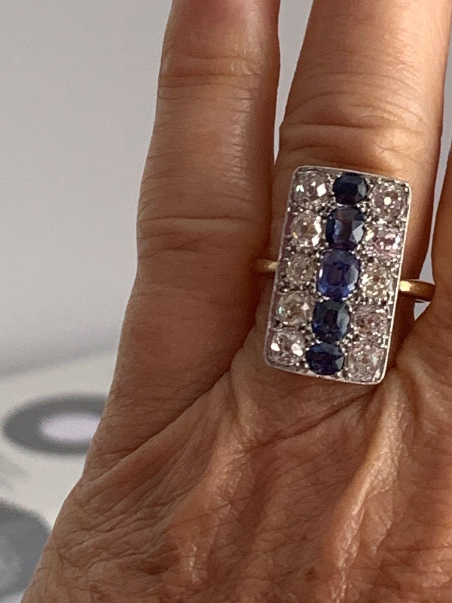 7107- Bague Ancienne Or Jaune Platine Saphirs Diamants-photo-3