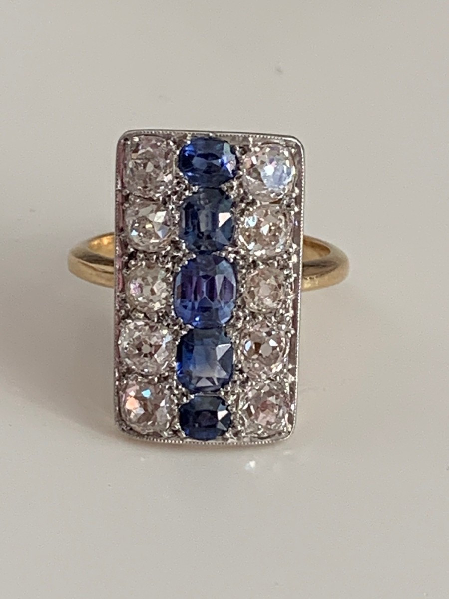 7107- Bague Ancienne Or Jaune Platine Saphirs Diamants