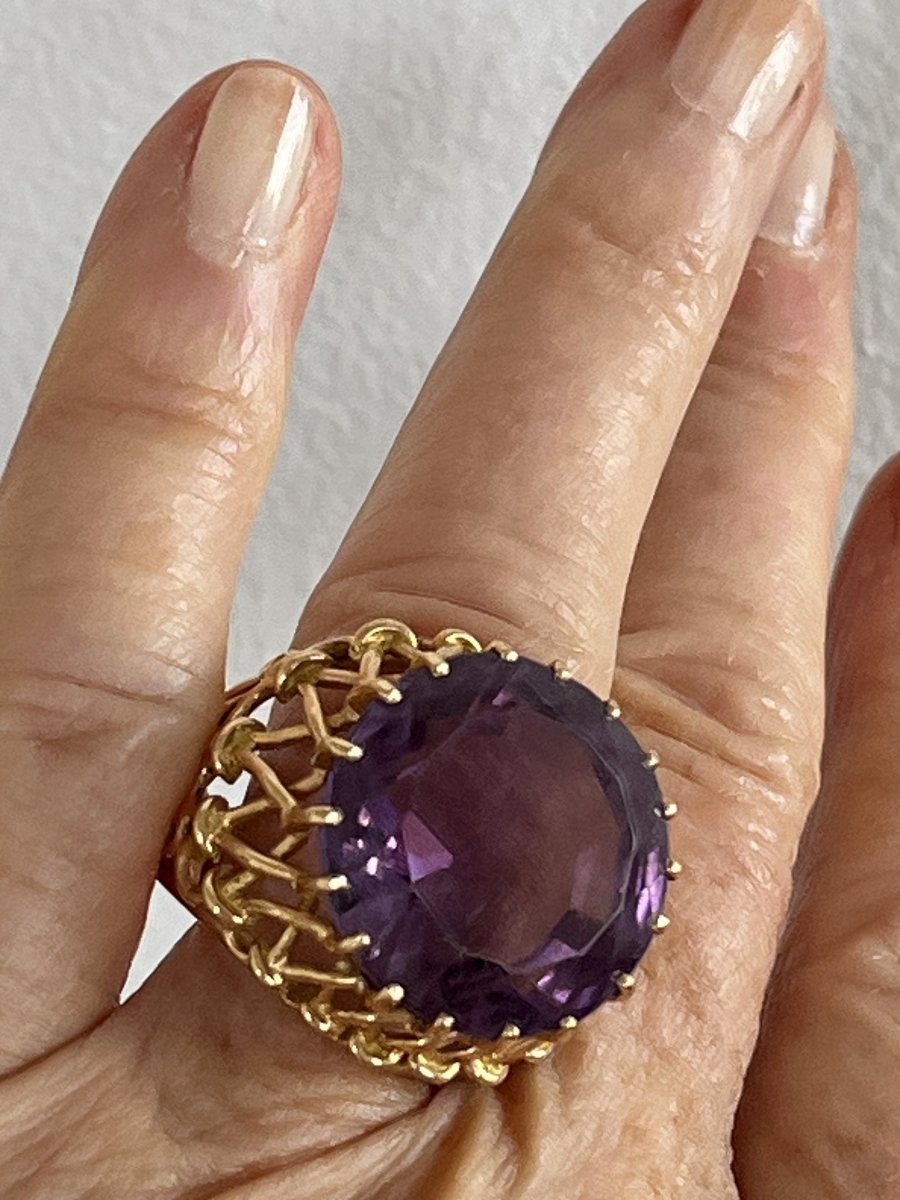 7128- Bague Cocktail Vintage Or Jaune Améthyste-photo-2