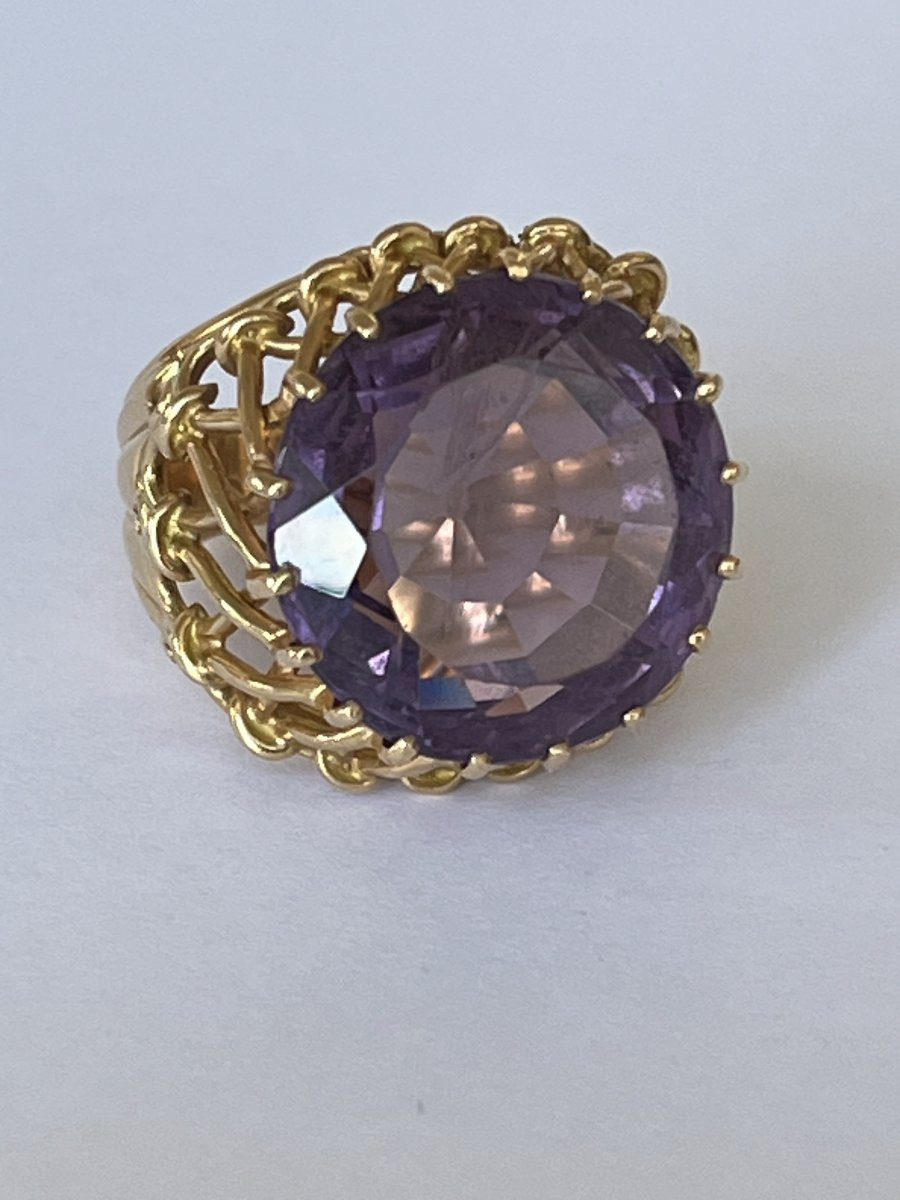 7128- Bague Cocktail Vintage Or Jaune Améthyste-photo-3
