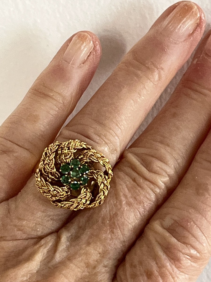 7158- Bague Vintage Fils d'Or Jaune Emeraudes -photo-1