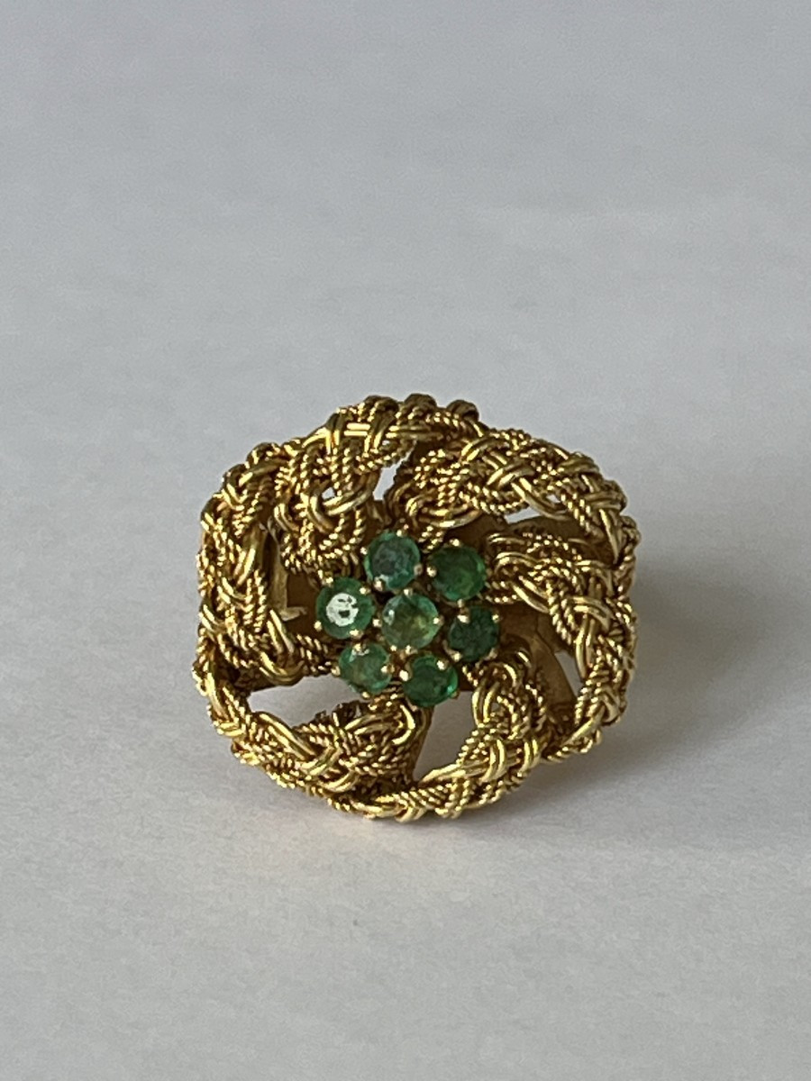 7158- Bague Vintage Fils d'Or Jaune Emeraudes 
