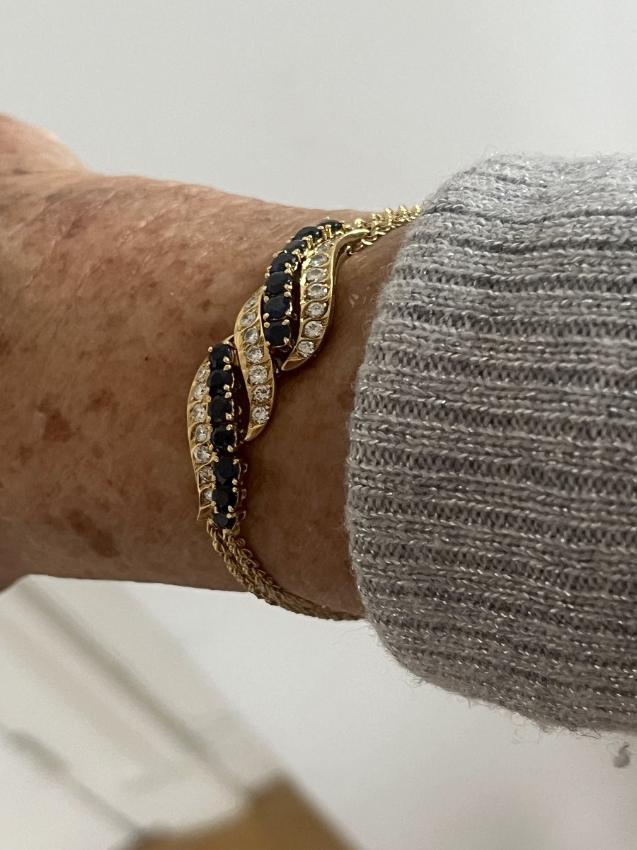 7181b - Vintage Twisted Yellow Gold Flexible Bracelet With Sapphires And Diamonds-photo-4