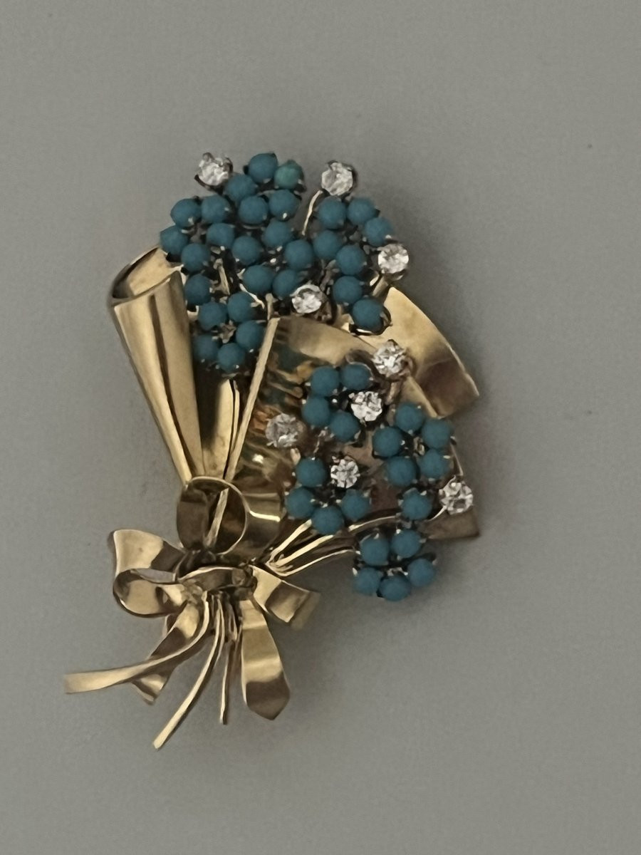 7172- Broche Fleur Vintage Or Jaune Turquoises Diamants-photo-3