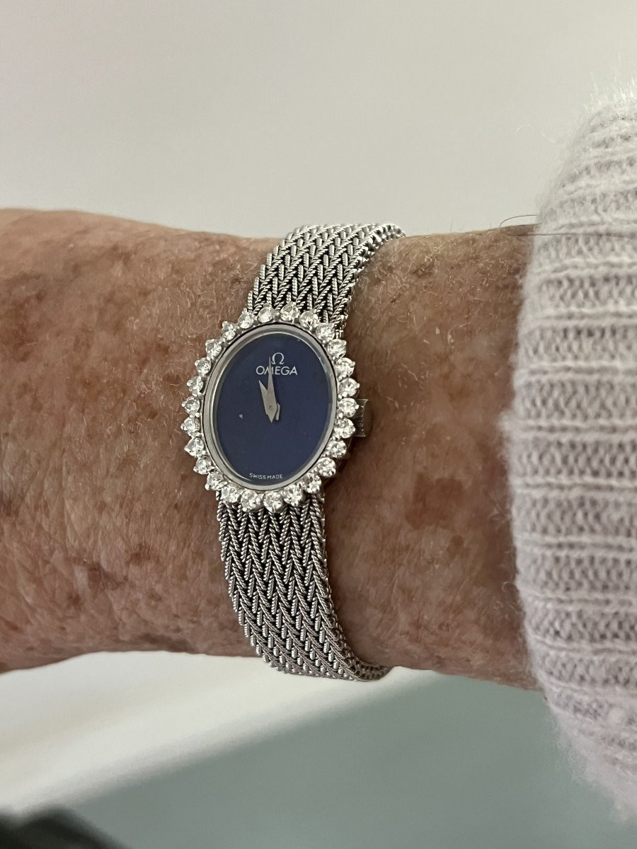 6580- Montre dame OMEGA Or Gris Diamants Lapis Lazuli-photo-3