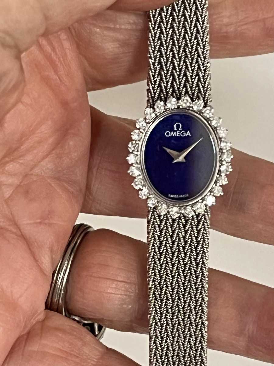 6580- Montre dame OMEGA Or Gris Diamants Lapis Lazuli