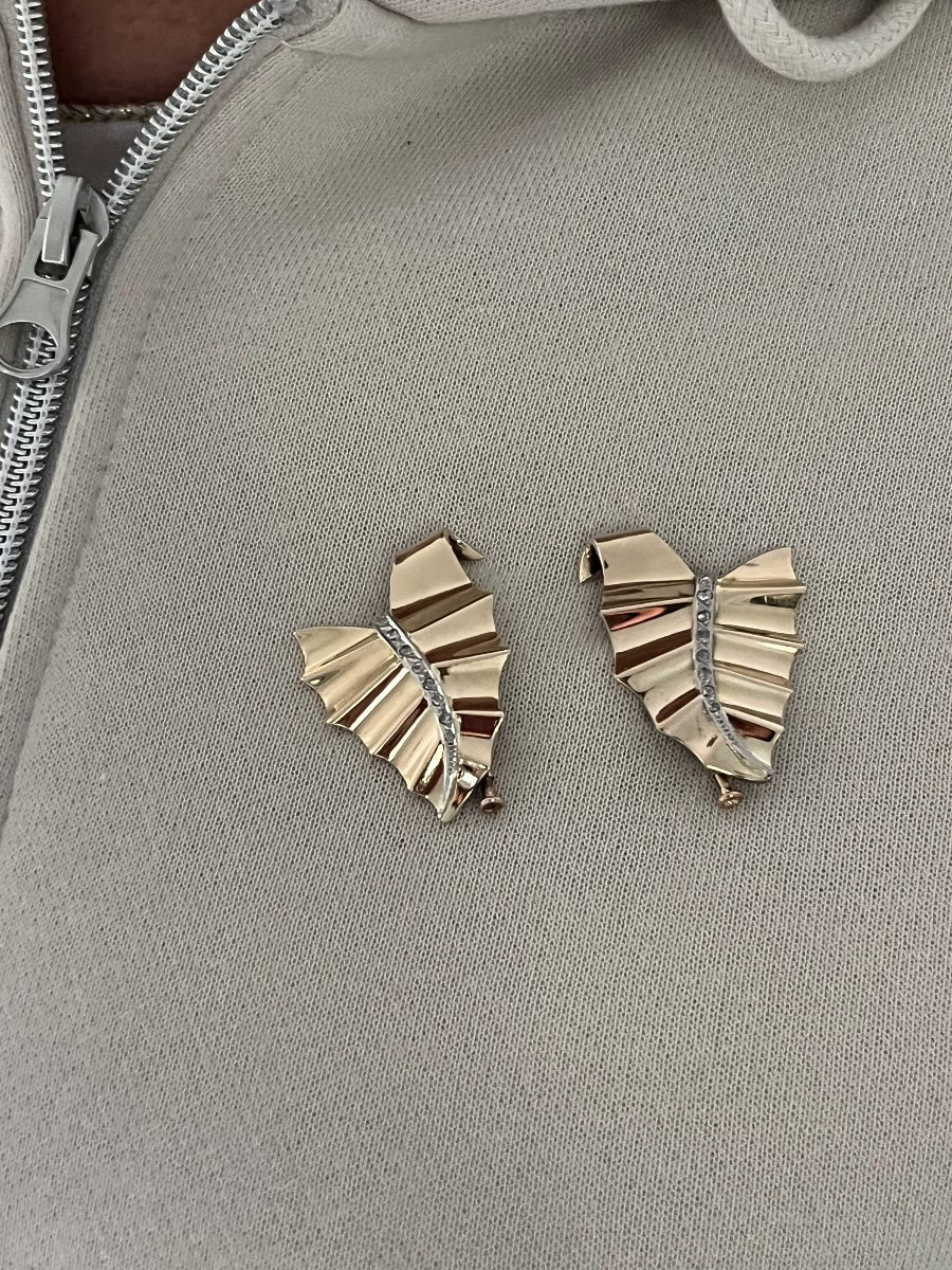 6725- Broches Feuilles Or Rose Diamants Années 1940-1950-photo-3