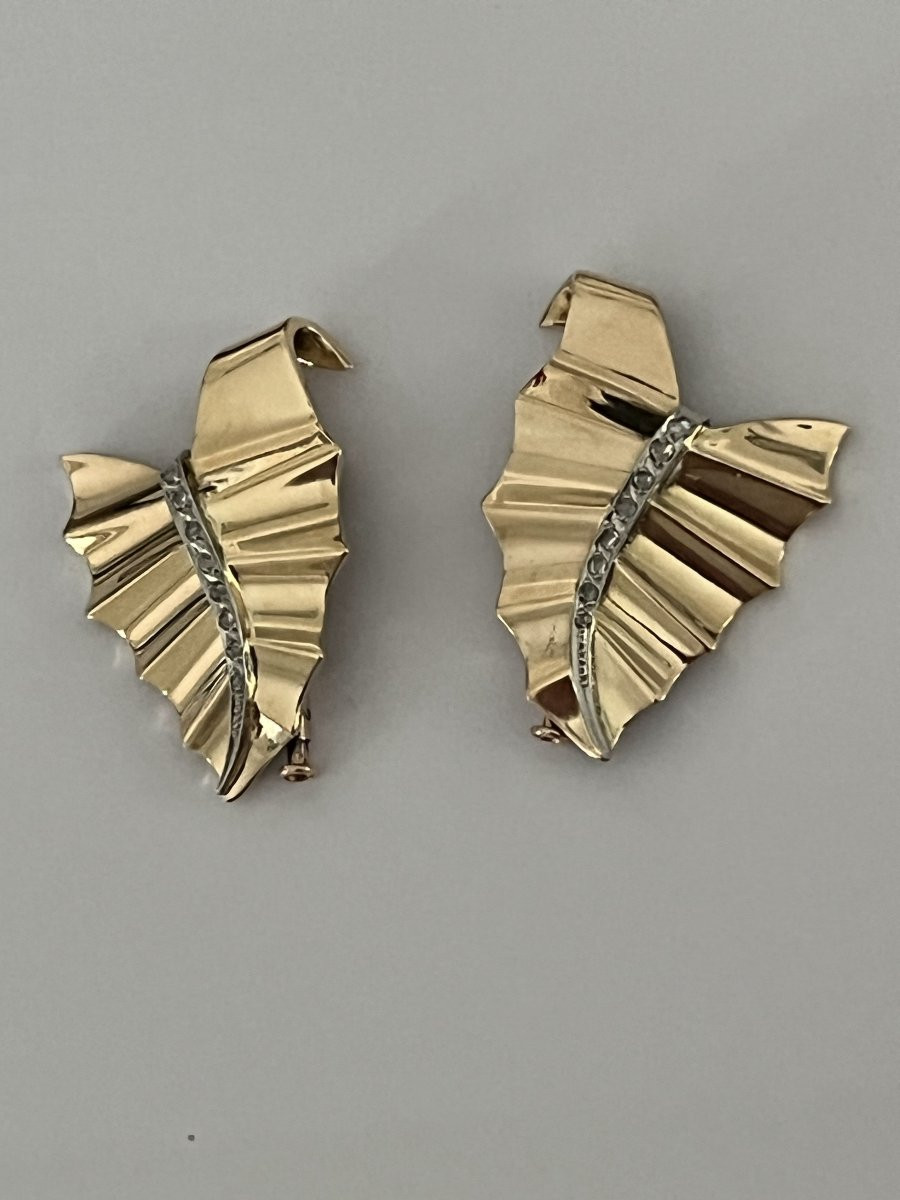 6725- Broches Feuilles Or Rose Diamants Années 1940-1950-photo-4