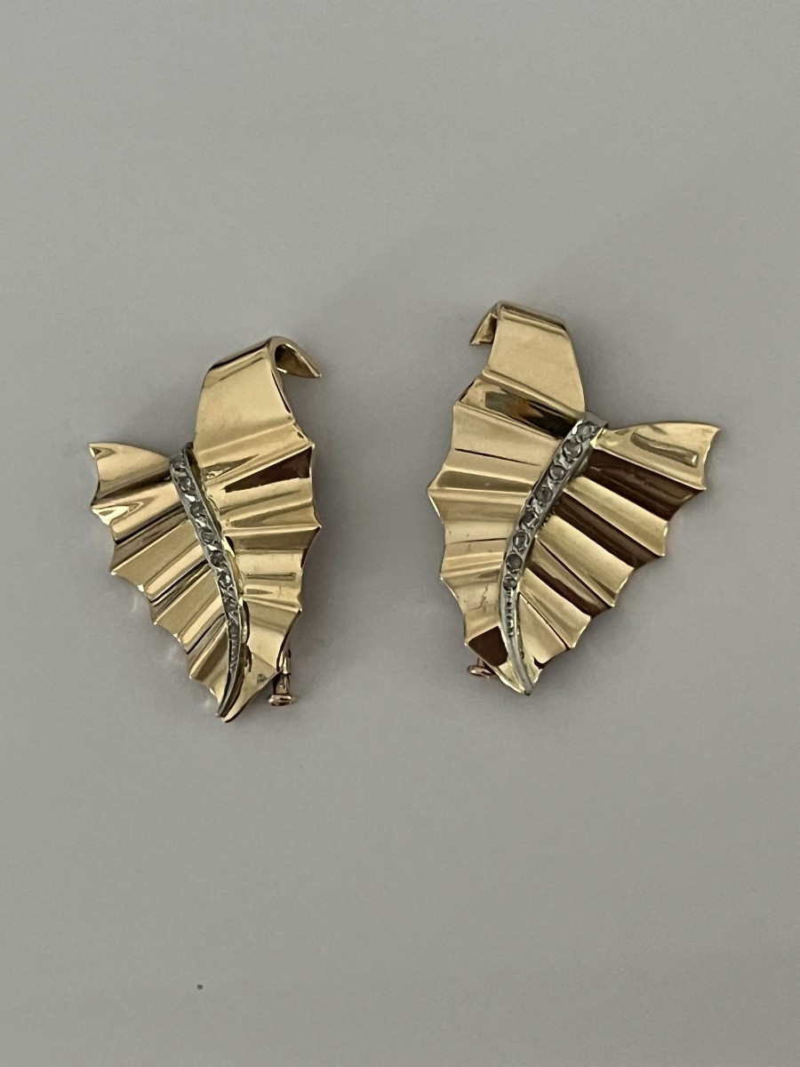 6725- Broches Feuilles Or Rose Diamants Années 1940-1950