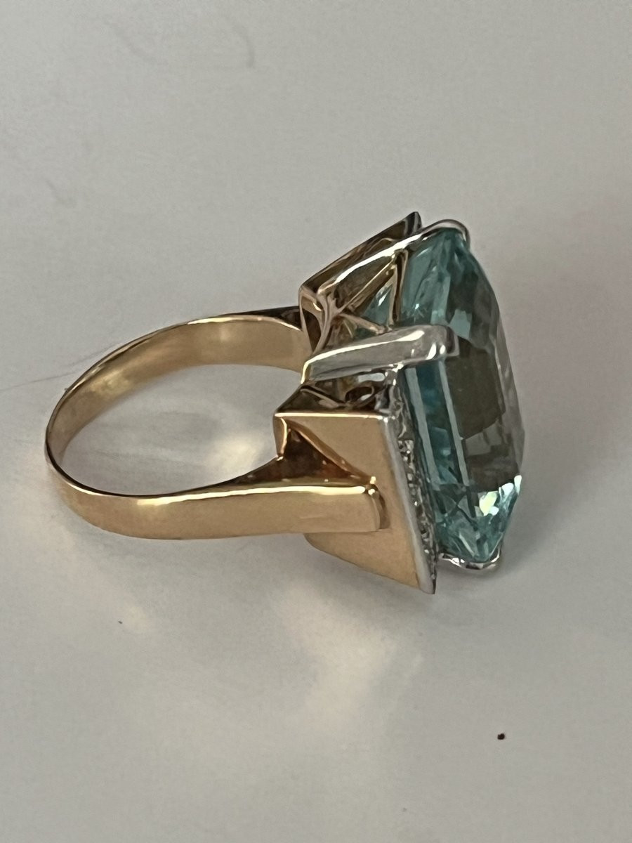 6778- Bague Or Jaune et Gris Aigue-Marine Diamants Années 1940-photo-1