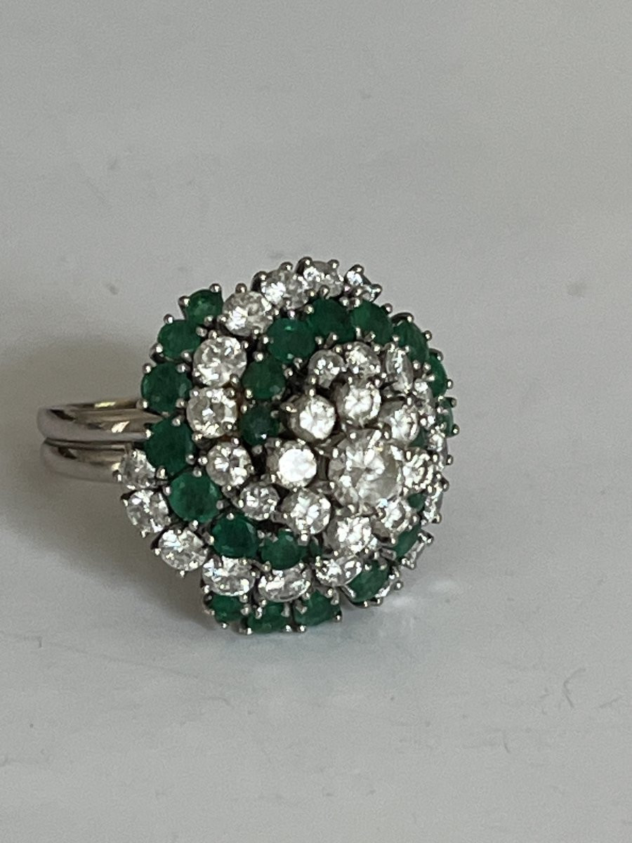 6781- Bague Cocktail Vintage Or Gris Emeraudes Diamants-photo-4