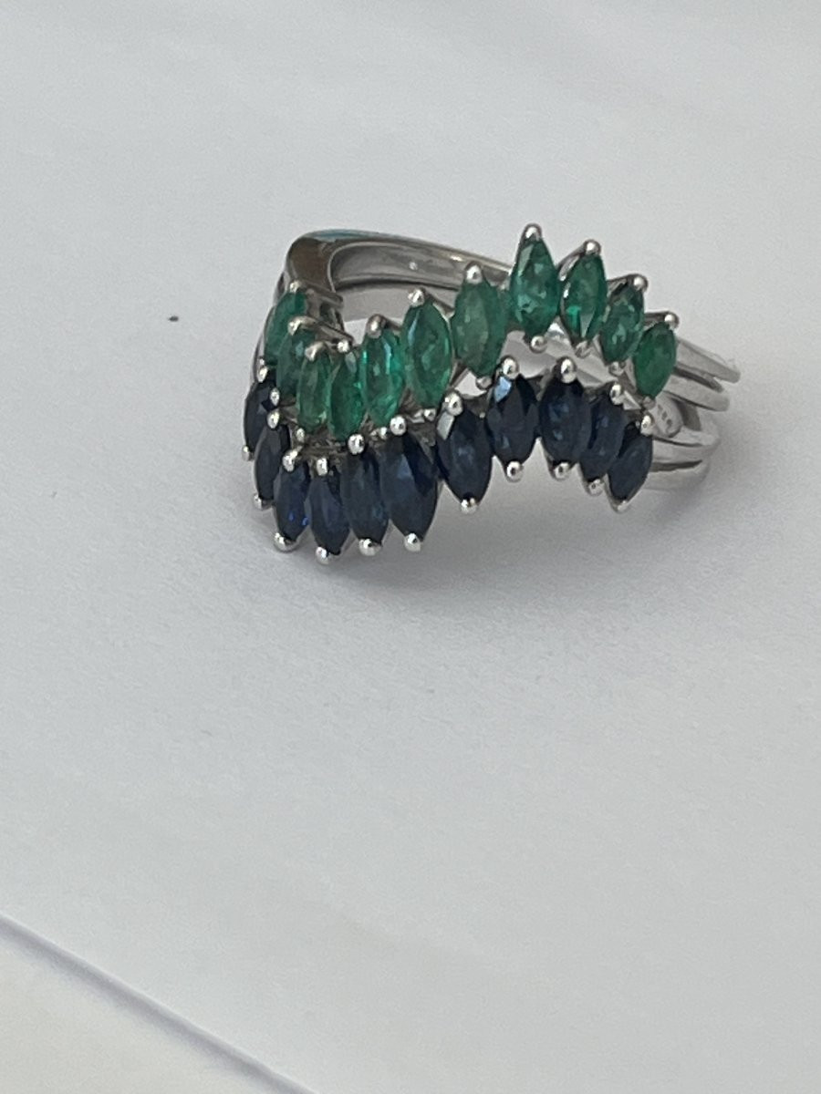 6796- Bague Or Gris Saphirs Emeraudes-photo-3