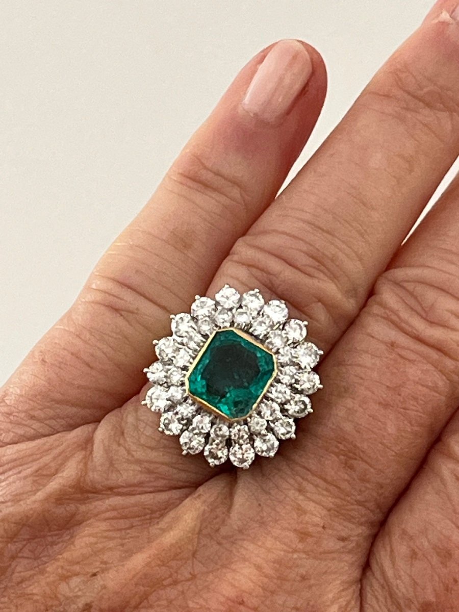 6809- Bague Vintage Or Gris Emeraude Colombie (Certifiée) Diamants-photo-2