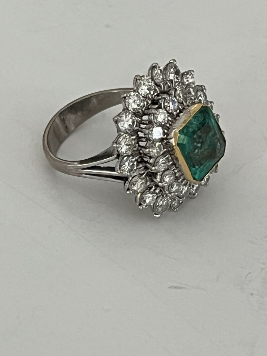 6809- Bague Vintage Or Gris Emeraude Colombie (Certifiée) Diamants-photo-2