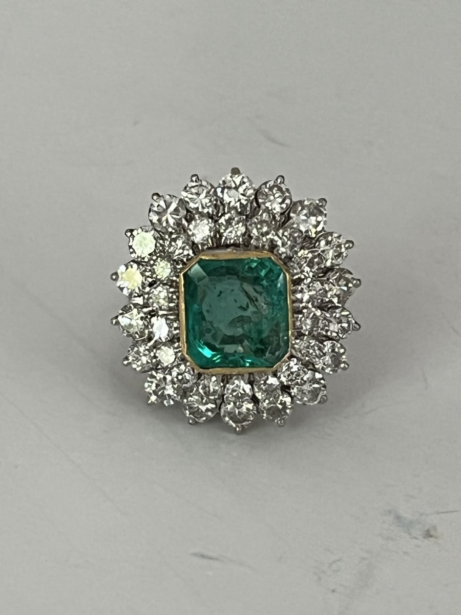 6809- Bague Vintage Or Gris Emeraude Colombie (Certifiée) Diamants-photo-3