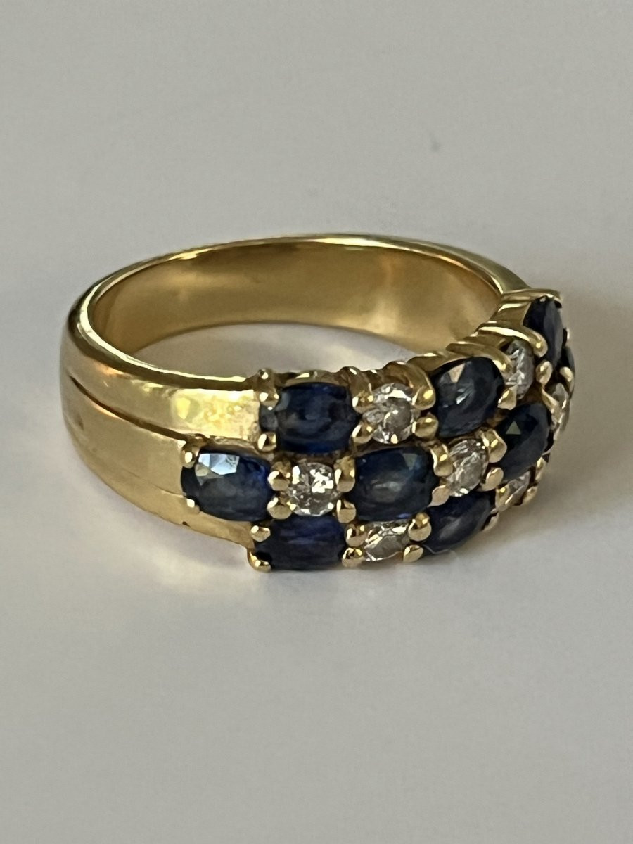 6910- Bague Bandeau Or Jaune Saphirs Diamants-photo-4