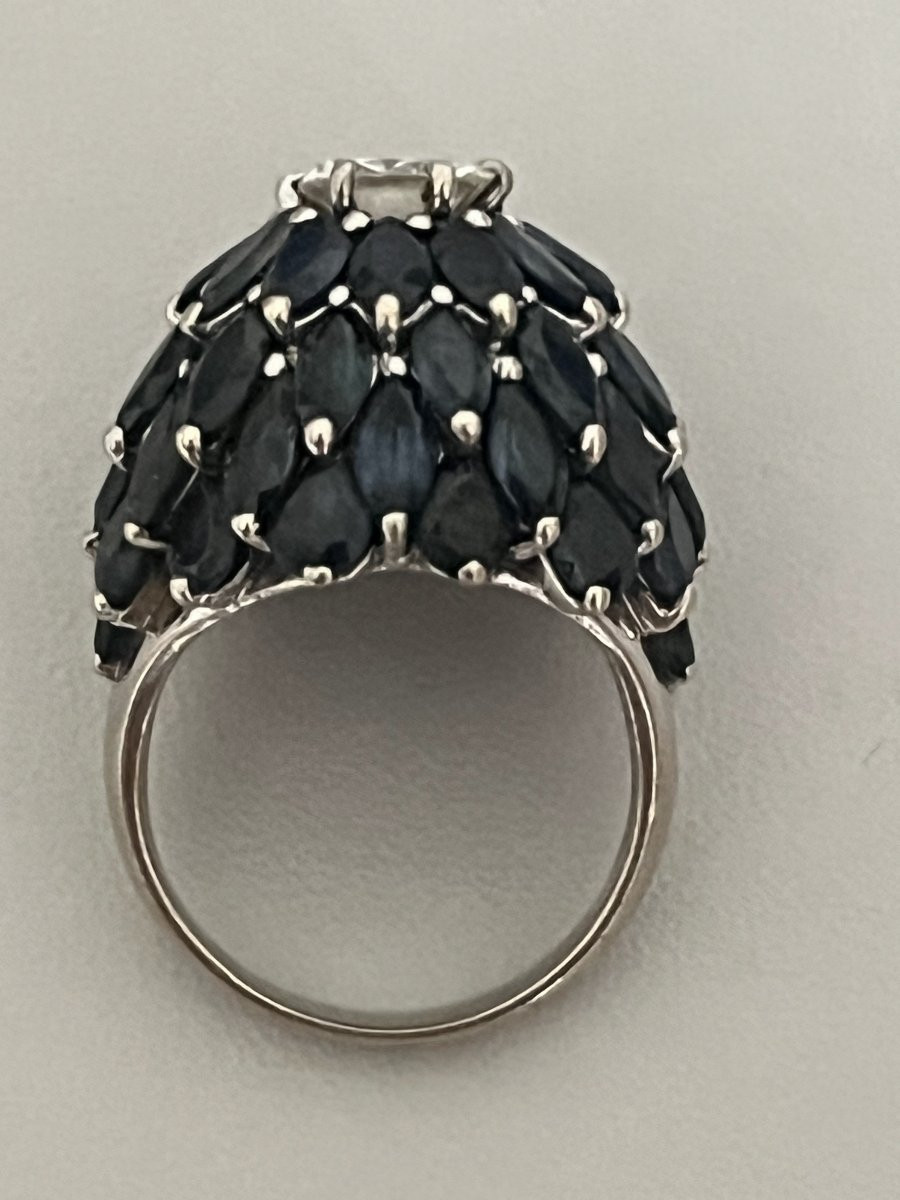 7236- Bague Dôme Vintage Or Gris Saphirs Diamants-photo-2