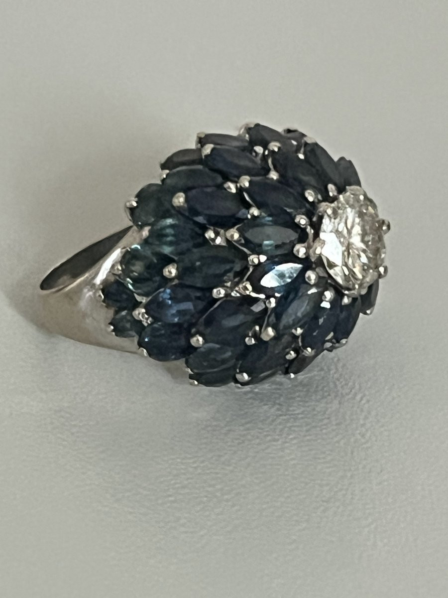 7236- Bague Dôme Vintage Or Gris Saphirs Diamants-photo-3