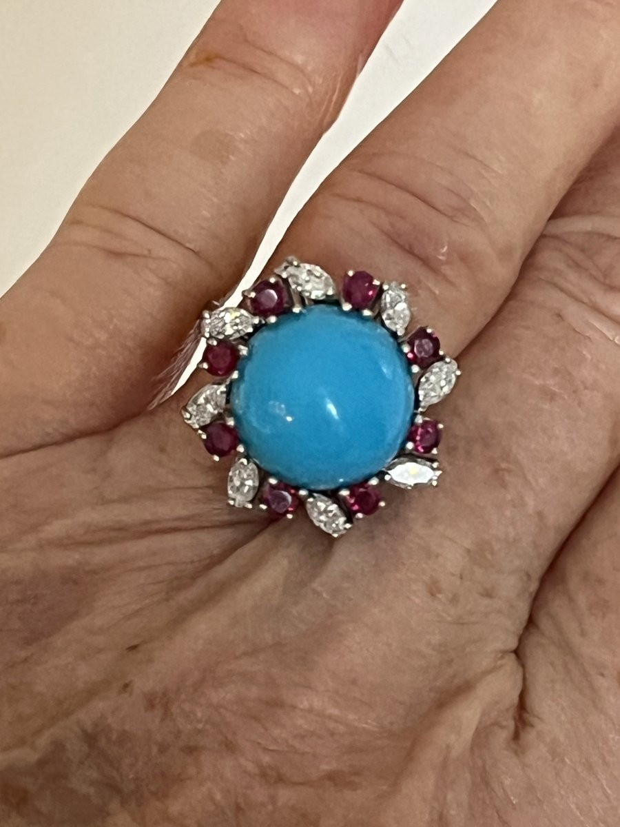 7286 - Platinum, Turquoise, Ruby, And Diamond Ring-photo-2