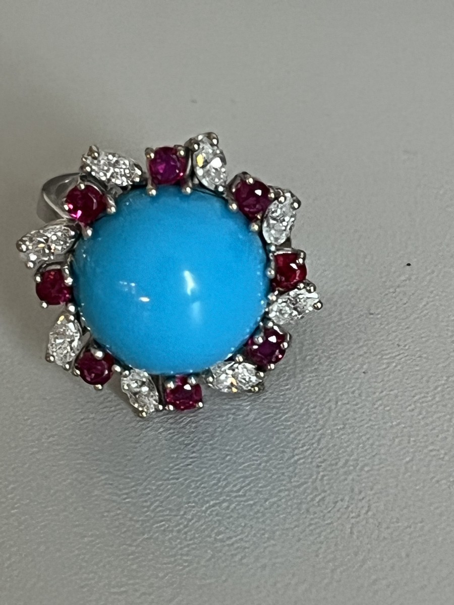 7286 - Platinum, Turquoise, Ruby, And Diamond Ring