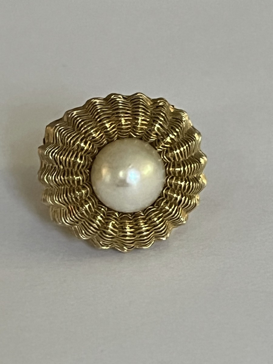 5823- Bague Vintage Or Jaune Perle Akoya
