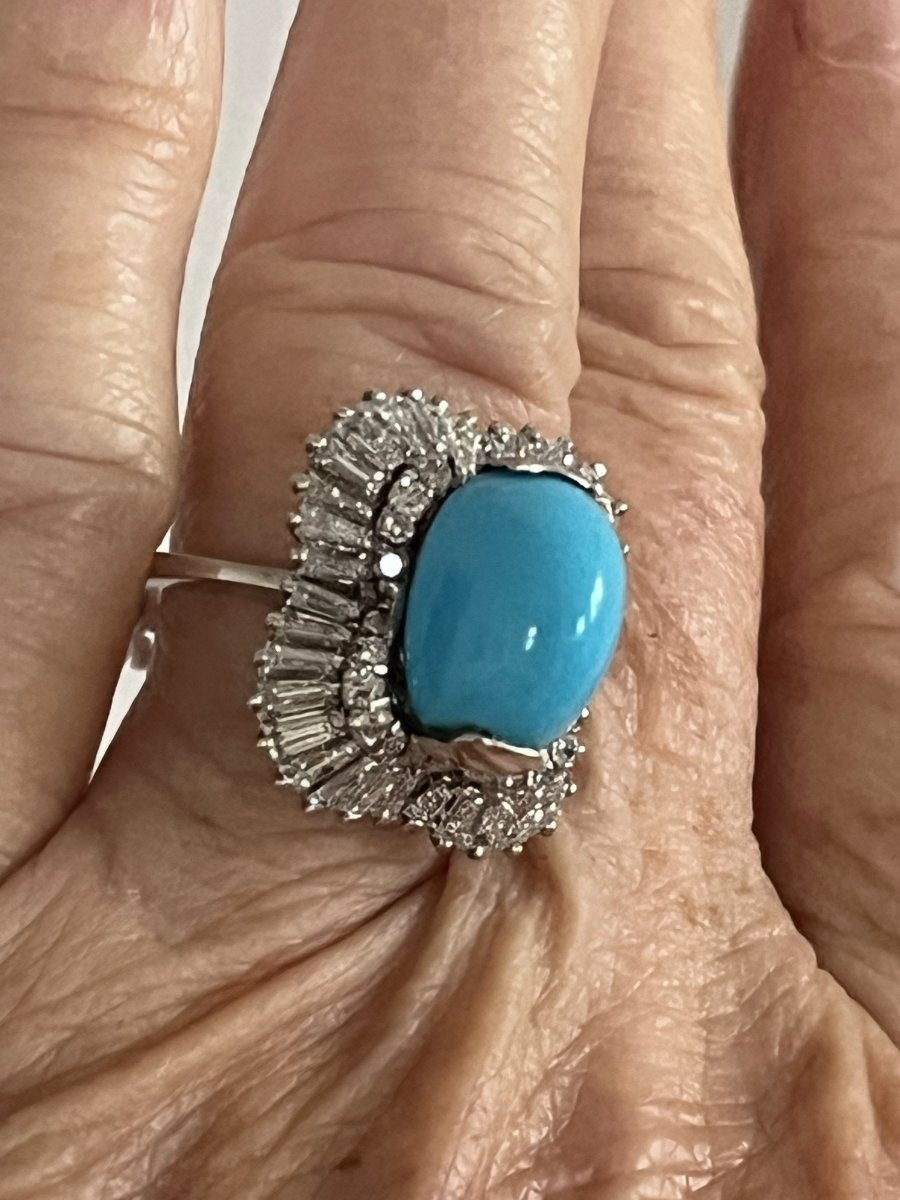 7247 - Vintage Platinum Turquoise Diamond Ring-photo-3