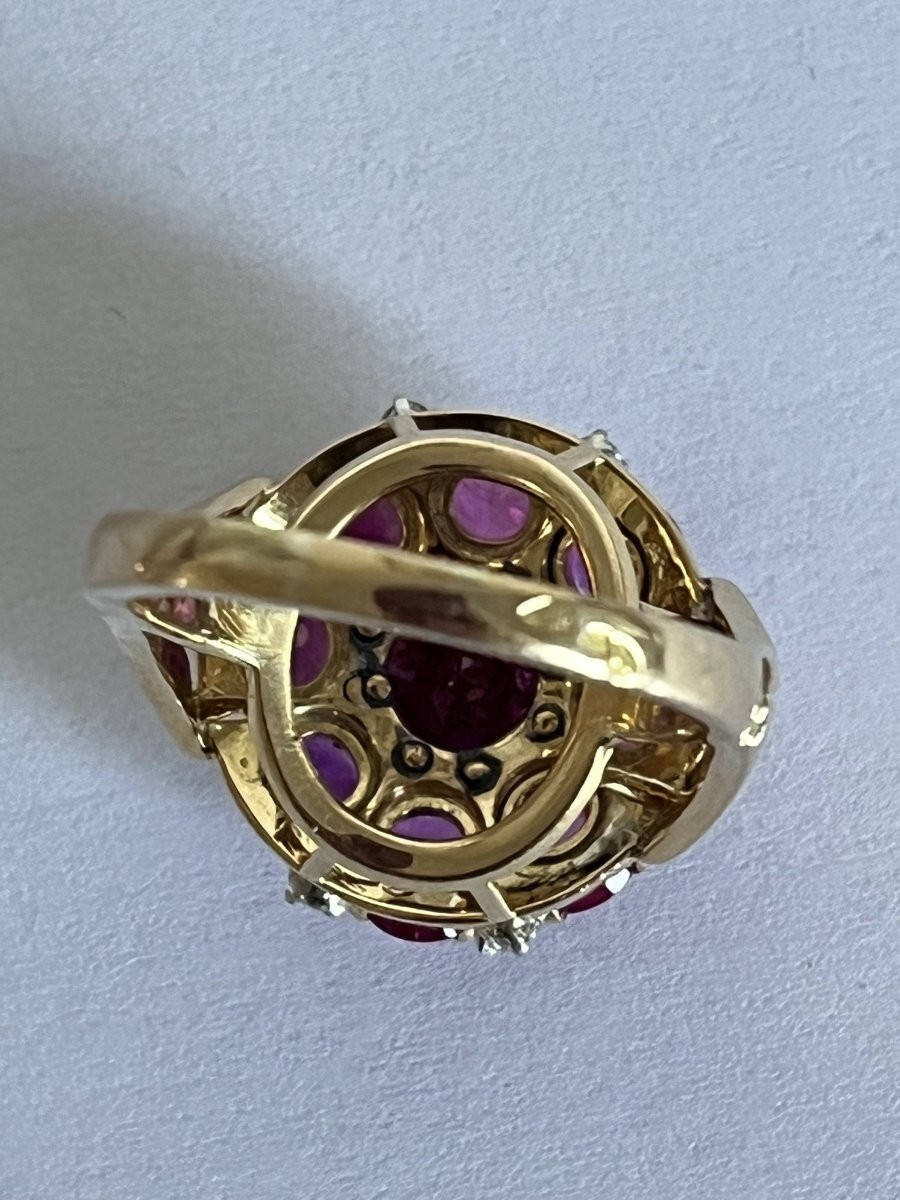 7292- Bague Dôme Or Jaune Platine Rubis Birmans Certifiés Diamants-photo-3