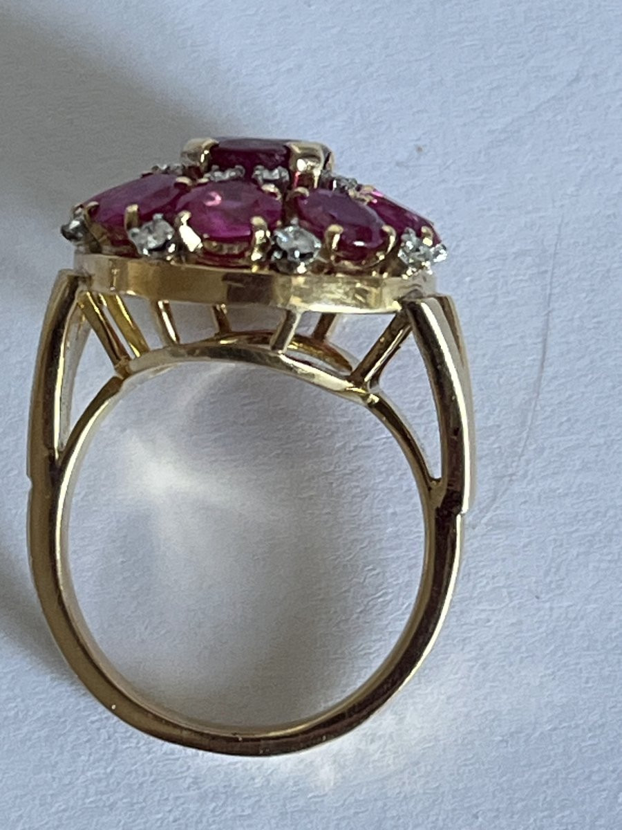 7292- Bague Dôme Or Jaune Platine Rubis Birmans Certifiés Diamants-photo-4