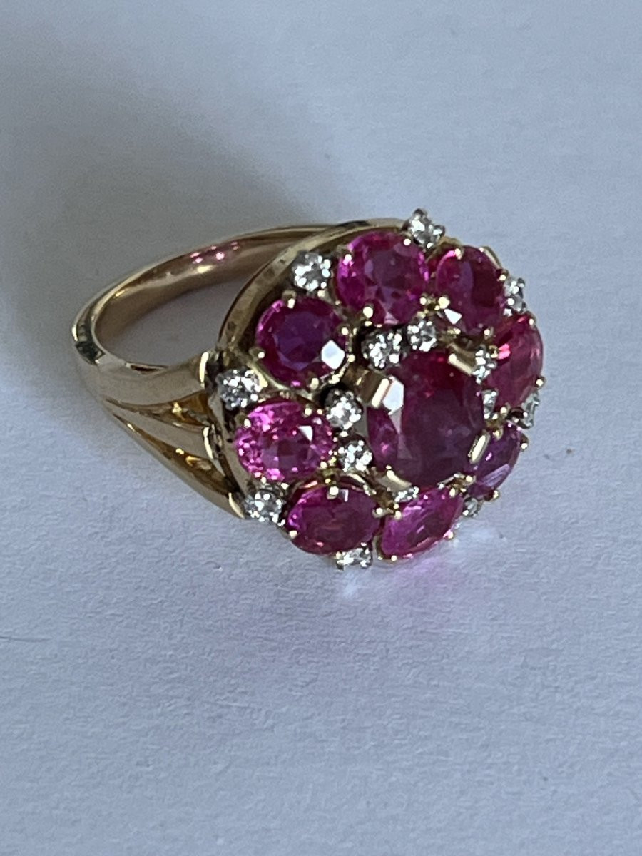 7292- Bague Dôme Or Jaune Platine Rubis Birmans Certifiés Diamants-photo-1