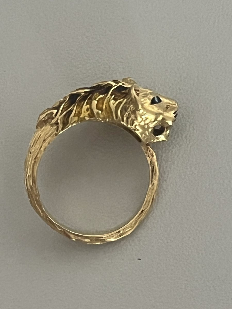 7305 - Vintage Lion Ring In Yellow Gold And Enamel-photo-2