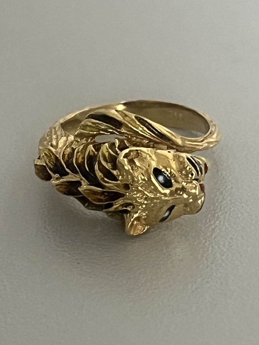 7305 - Vintage Lion Ring In Yellow Gold And Enamel-photo-4