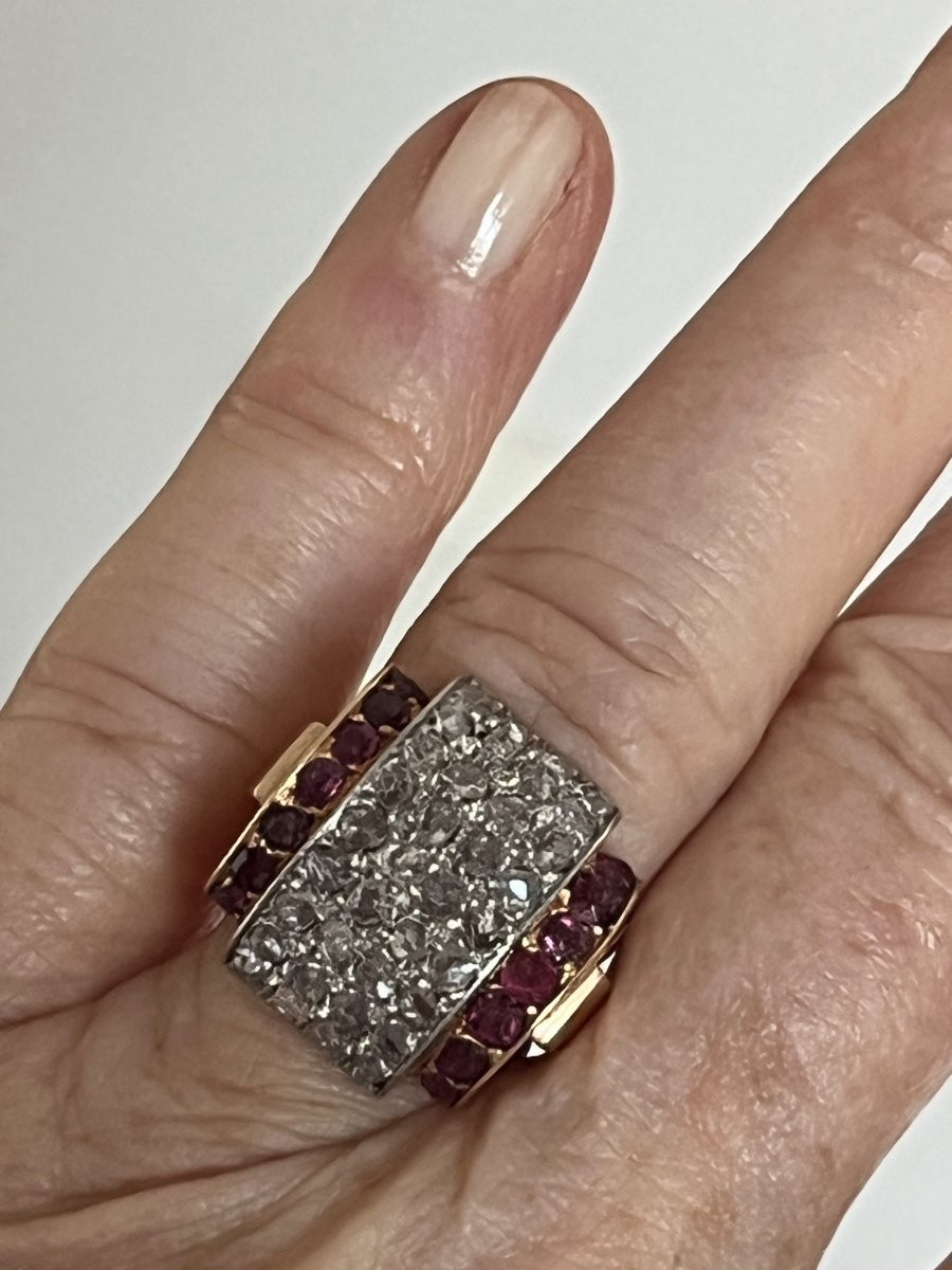 7308 - Tank Ring, Yellow Gold, Platinum, Diamonds, Ruby-photo-2