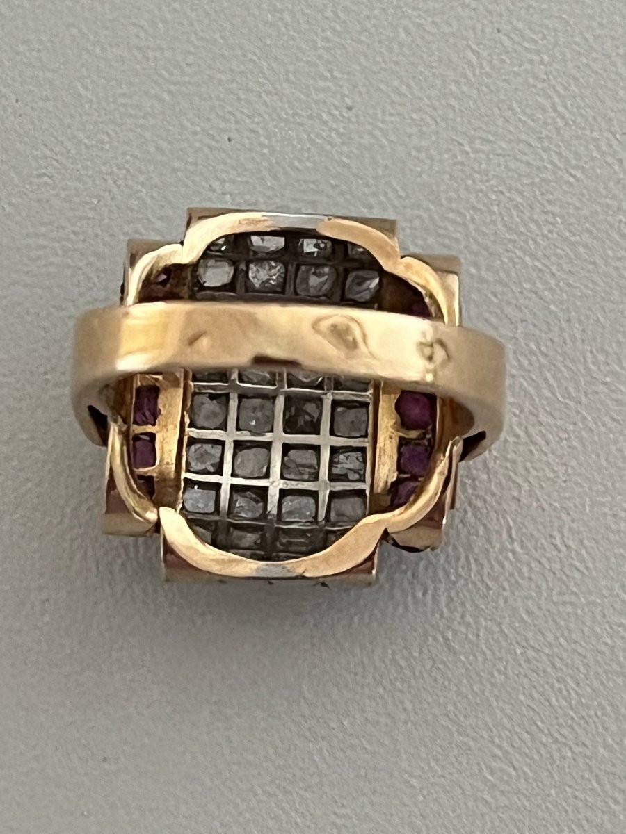 7308 - Tank Ring, Yellow Gold, Platinum, Diamonds, Ruby-photo-3