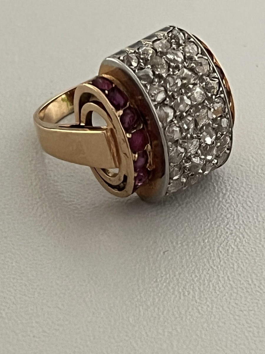 7308 - Tank Ring, Yellow Gold, Platinum, Diamonds, Ruby-photo-1