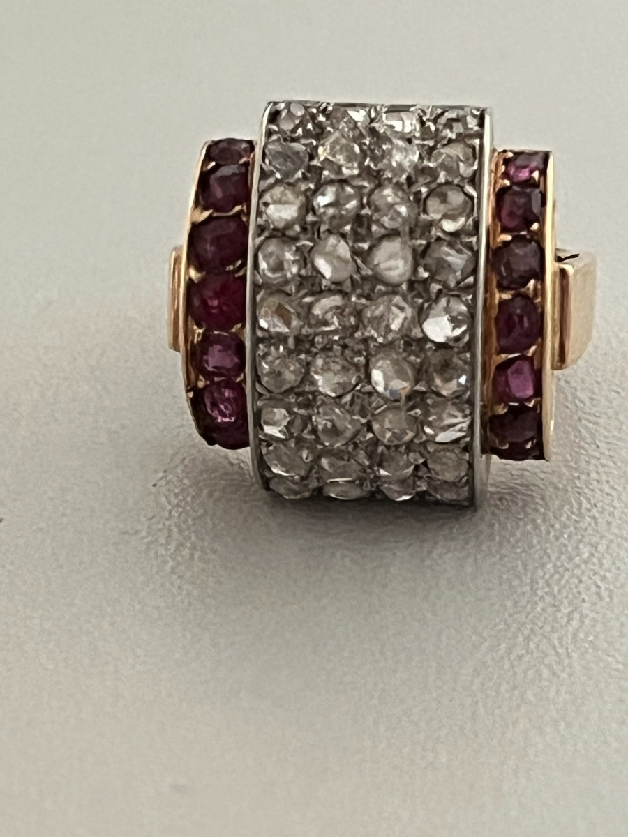 7308 - Tank Ring, Yellow Gold, Platinum, Diamonds, Ruby