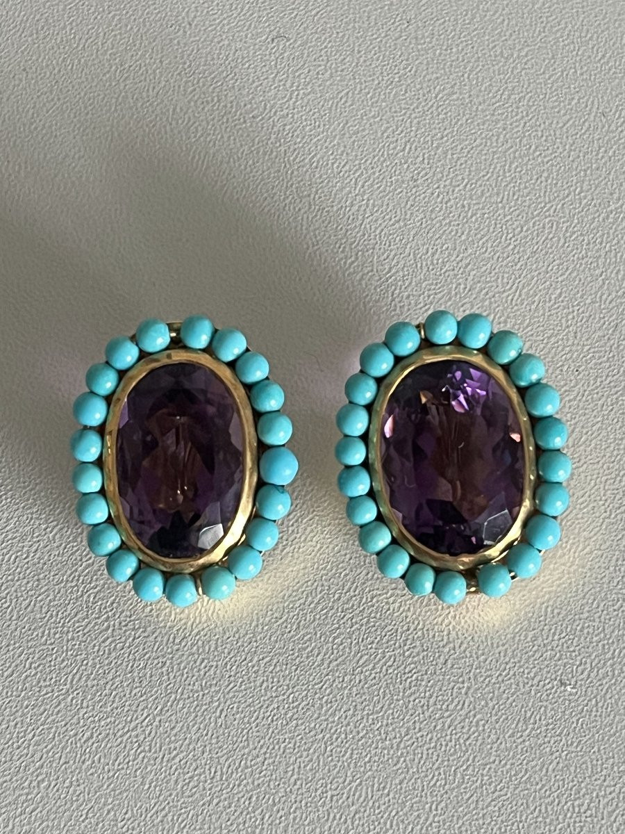 5088- Boucles d'Oreilles Vintage Améthystes Turquoises-photo-4