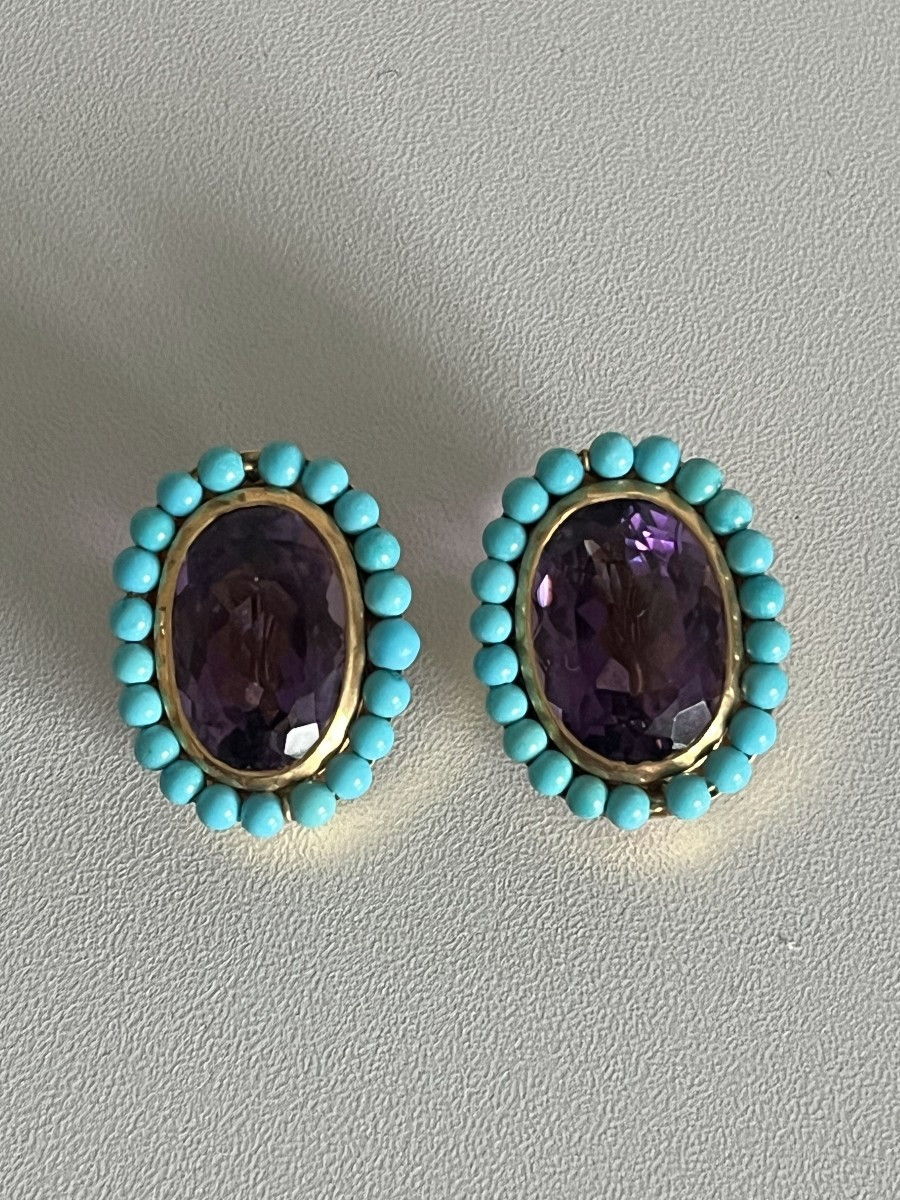 5088- Boucles d'Oreilles Vintage Améthystes Turquoises