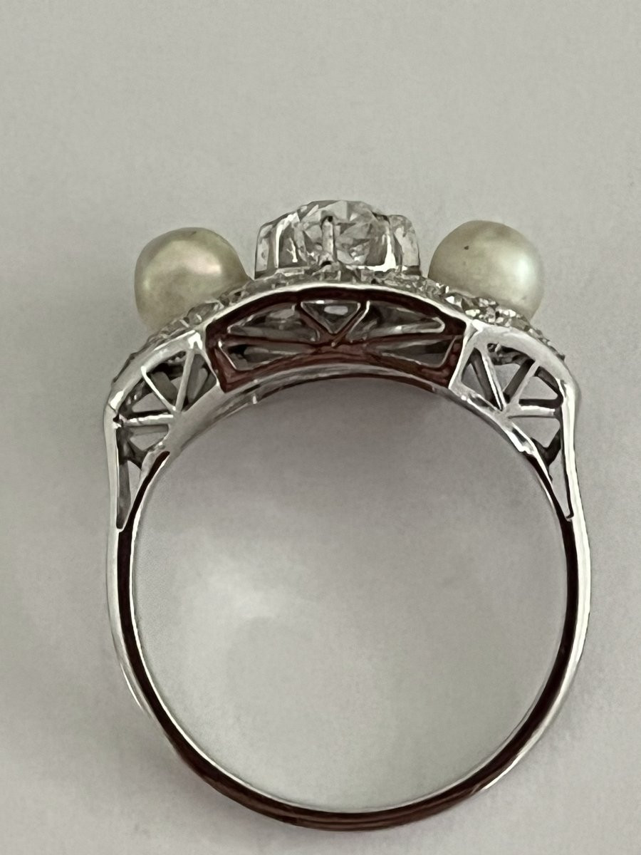 5811 - Art Deco Platinum Ring With Pearls And Diamonds (0.50 Ct In The Center)-photo-3