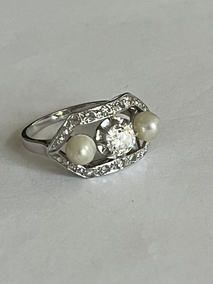 5811 - Art Deco Platinum Ring With Pearls And Diamonds (0.50 Ct In The Center)-photo-4