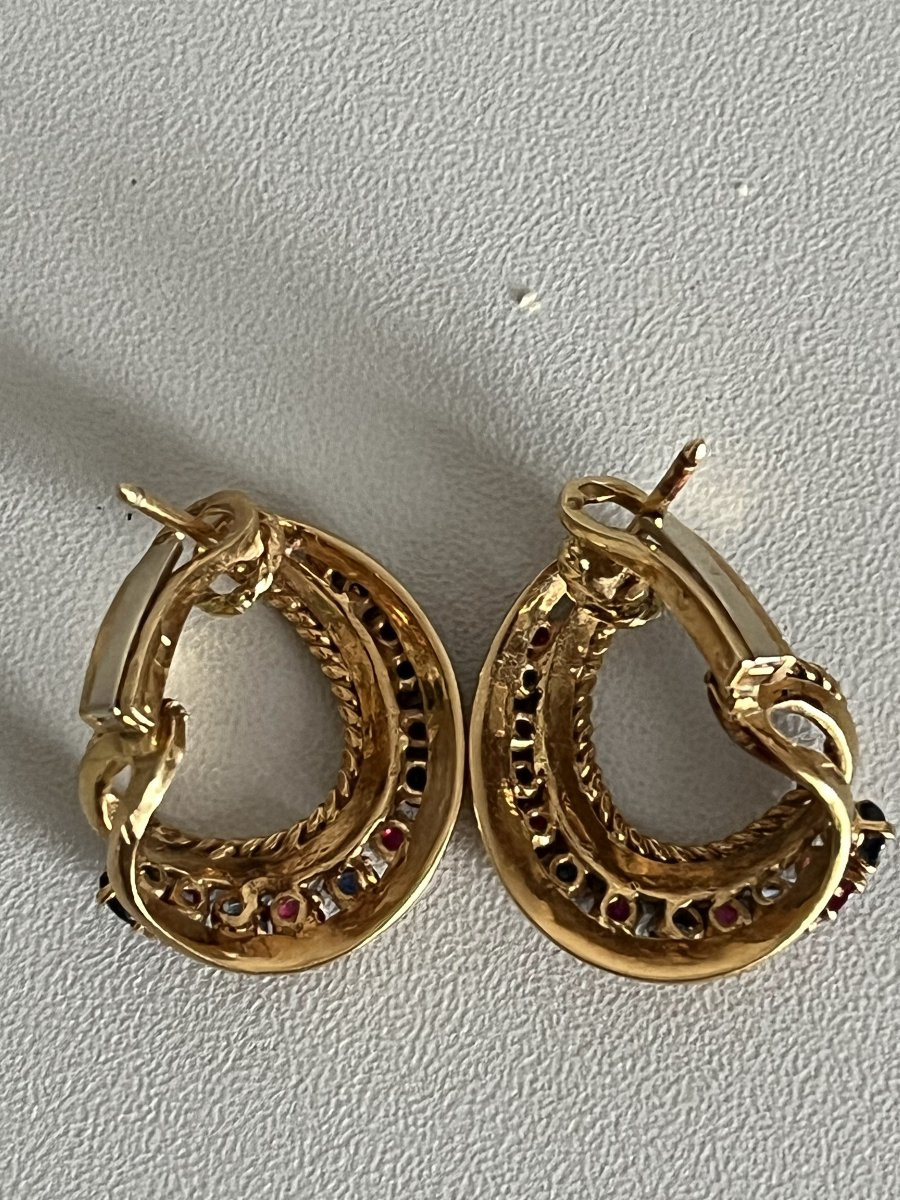 6122- Boucles d'Oreilles Vintage Or Jaune Rubis Saphirs-photo-2
