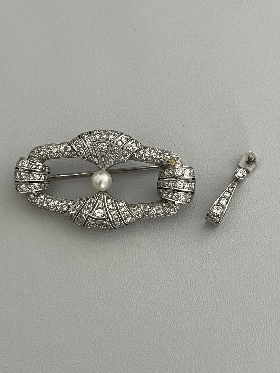 7014- Brooch Pendant 1930 Platinum Diamonds Akoya Pearl-photo-2