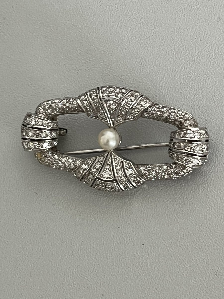 7014- Brooch Pendant 1930 Platinum Diamonds Akoya Pearl-photo-4