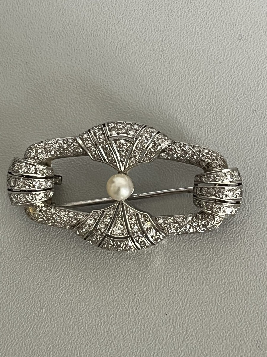 7014- Brooch Pendant 1930 Platinum Diamonds Akoya Pearl