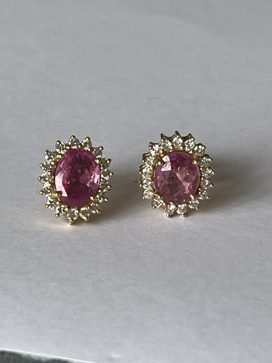 7121- Boucles d'Oreilles Or Jaune Saphirs Roses (2,40 ct) Diamants-photo-1