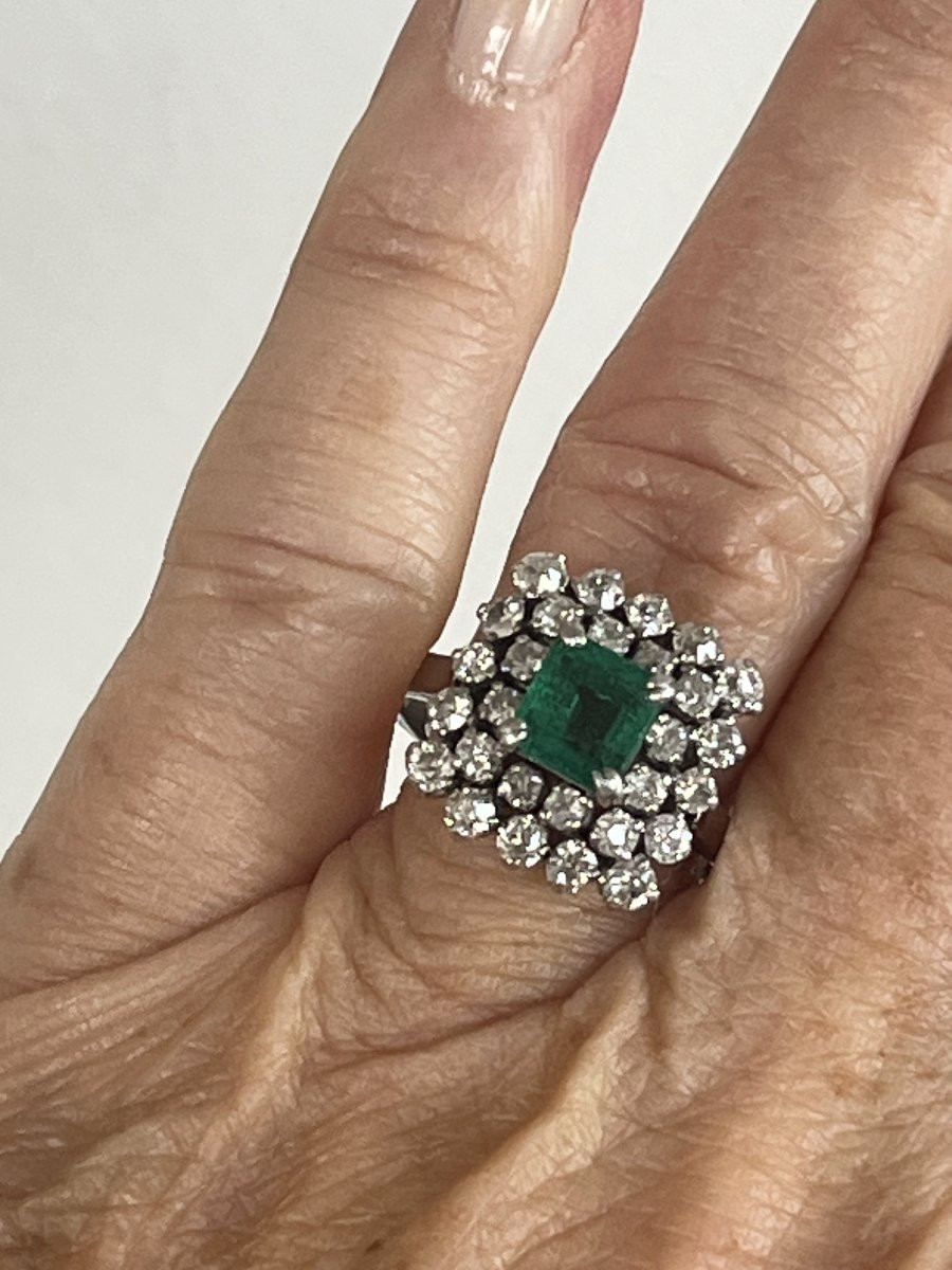 7127- Bague Vintage Or Gris Platine Emeraude Diamants-photo-2